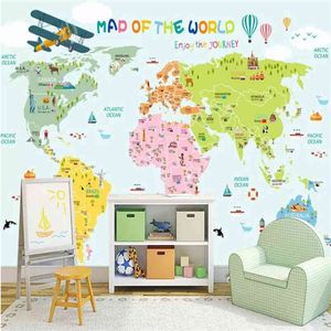 Habitación de niños de dibujos animados personalizados El mapa del mundo Fondo verde claro Fondo de pantalla Mural para la habitación de los niños Papeles de pared 3D modernos Decoración para el hogar 210722