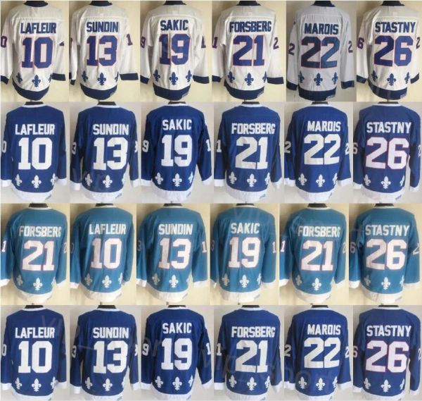 CUSTOM CCM Hockey Rétro 19 Joe Sakic Jersey Retraite 21 Peter Forsberg 26 Peter Stastny 10 Guy Lafleur 22 Marois 13 Mats Sundin Vintage Classi