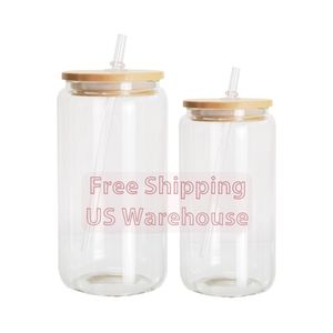 Custom China USA CA Warehouse 16oz Clear Matte Sublimation Billet Glass Mason Beer Jar Glass Bamboo Deksel met stro 4.23