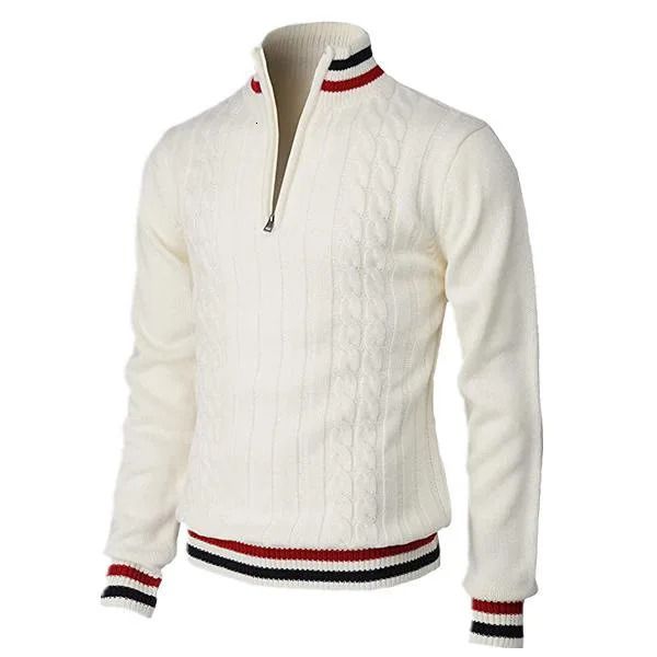 Ropa personalizada Streetwear Hombres Sólido Medio Zip Polo Jersey Crochet Suéter Rayado Puño Tortuga Cuello redondo Punto Suéteres para hombre 240115