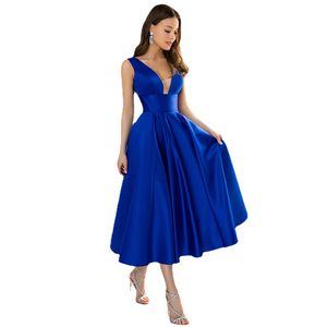 Aangepaste kleur Royal Blue A-Line korte avondjurk dameslengte Satijn V-hals mouwloze backless prom jurken gewaad