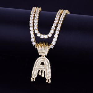 Nieuwe Crown Drupp initialen letters kettingen hanger voor mannen vrouwen kubieke zirkoon hiphop sieraden met tennis ketting