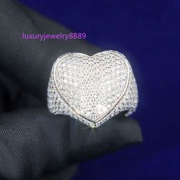 Anillo de Hip Hop con forma de corazón para hombre, moissanita con incrustaciones completas de plata esterlina cubana personalizada