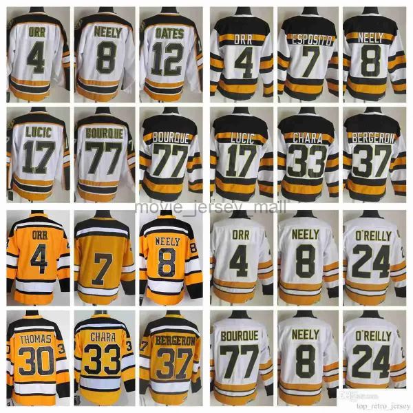 CUSTOM CUSTOM Boston '' Bruins '' Maillots de hockey sur glace rétro pour hommes 37 Patrice Bergeron 16 Sanderson Esposito O'reilly Oates Bucyk Lucic 4 Orr Neely