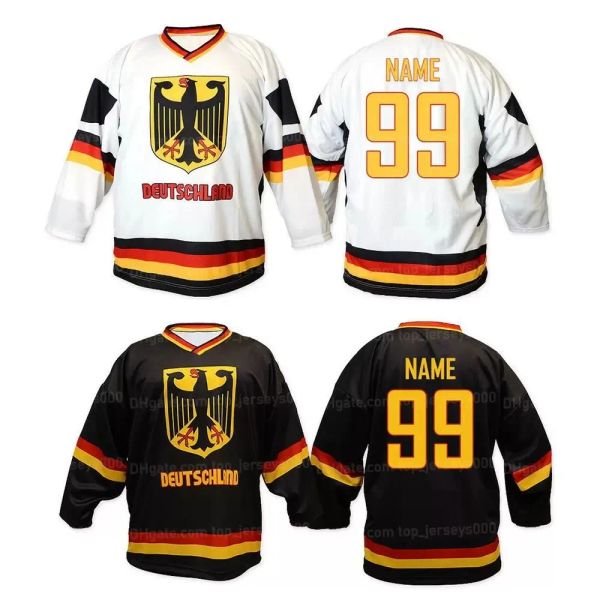 Maillot de Hockey sur glace personnalisé de l'équipe allemande et allemande pour hommes, maillot brodé Ed blanc noir avec n'importe quel numéro et nom