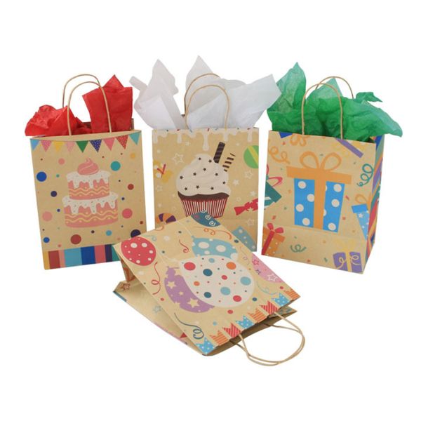 Bolsa de papel de regalo de dibujos animados lindo personalizado protección del medio ambiente bolsas de mano de dulces de fiesta de cumpleaños de papel Kraft A373