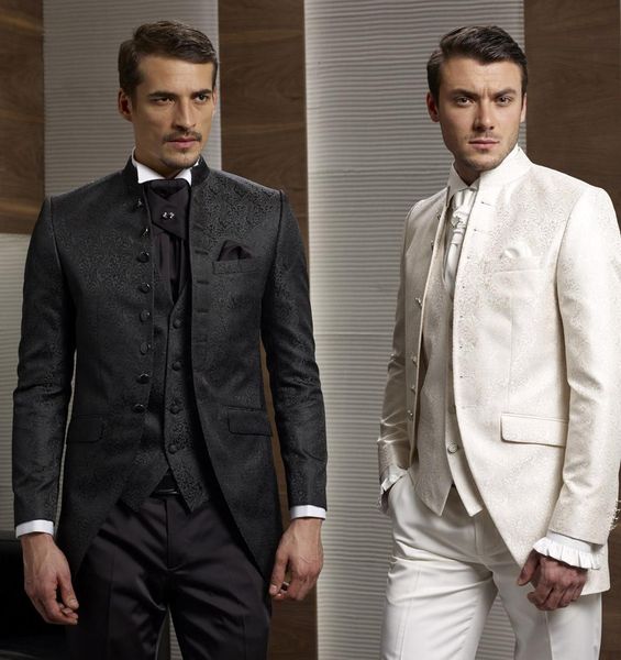Diseño personalizado negro/blanco novio esmoquin Stand Colar mejor vestido de boda para hombres traje de fiesta de graduación (chaqueta + pantalones + corbata + chaleco) 828