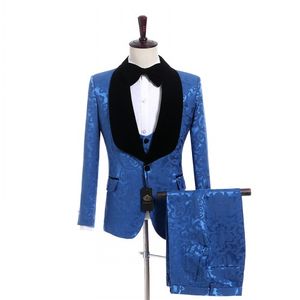 Custom Designe Bleu Jacquard Marié Tuxedos Velours Revers Garçons D'honneur Hommes Robe De Mariée Mode Homme Veste Blazer Costume (Veste + Pantalon + Gilet + Cravate) 68