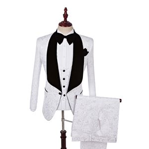 Diseño personalizado Jacquard blanco Novios Esmoquin Solapa negra Padrinos de boda Hombres Vestido de novia Moda Hombre Chaqueta Blazer Traje (Chaqueta + Pantalones + Chaleco + Corbata) 61
