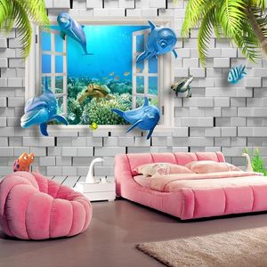 Dauphin sur mesure World sous-marin 3D Fenêtre stéréoscopique peinture salon pour enfants chambre télévision murale étanche