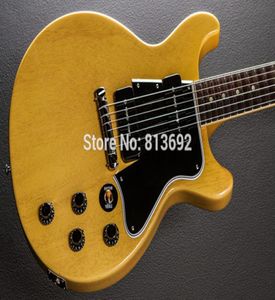 Double Cutaway personnalisé 1959 Junior TV Yellow Guitar Guitare One Piece Neck One Piece Body Black P90 Pickups enveloppe TAI8558691