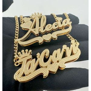 Aangepaste dubbele ketting met kroon 3D tweekleurige naam hanger gepersonaliseerde gouden naamplaatje sieraden cadeaus voor vrouwen