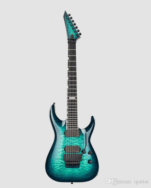 Guitare électrique personnalisée E-II Horizon FR-7 noir turquoise éclaté dessus en érable matelassé bleu une pièce corps trémolo guitare Signature fabriquée en Chine