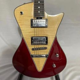 Guitare électrique personnalisée EB Music M Armada, couleur rouge divisée, pour droitier, dessus en érable flammé