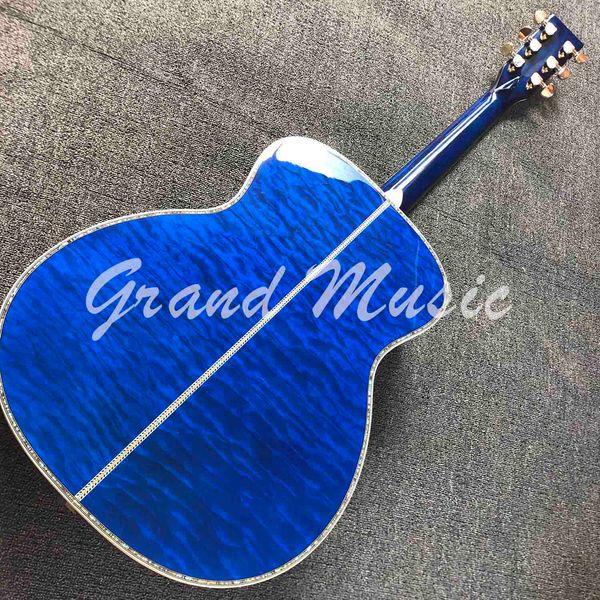 Touche en ébène personnalisée 40 pouces guitare acoustique érable flammé arrière reliure ormeau OM bleu rond