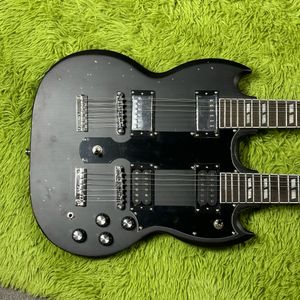 Aangepaste elektrische gitaar, donker ZWART JimmyPage dubbele hals 6+12 snaren gitaren gitaarra