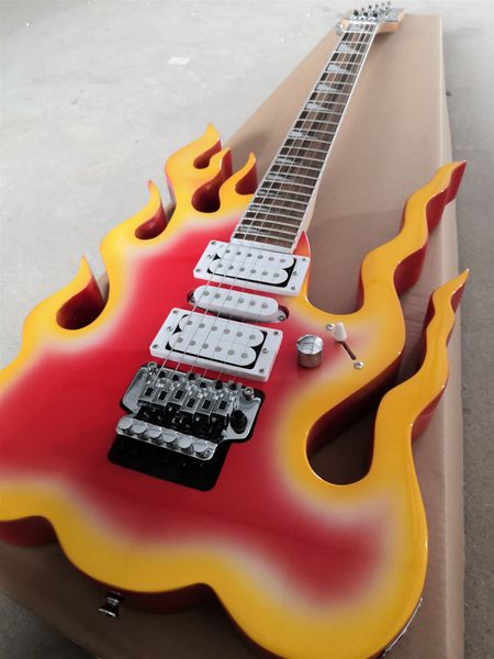 Guitare électrique personnalisée Couleur rouge Forme de flamme Touche palissandre Micros HSH Chrome Hardwares