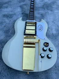 Guitare électrique personnalisée, guitare électrique SG, blanc crème, vibrato doré, stock, pack éclair