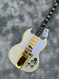 Guitare électrique personnalisée, guitare électrique SG, blanc crème, vibrato doré