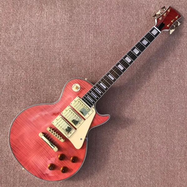 Guitarra eléctrica personalizada, tapa de arce tigre, diapasón de palisandro, tapa de arce flameado rojo, herrajes dorados, 3 pastillas