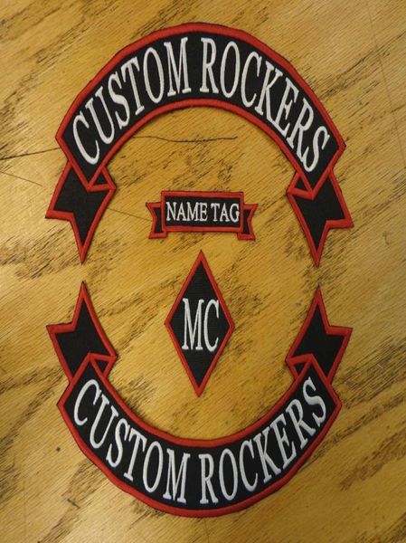 Ruban à bascule brodé personnalisé, nom MC, ensemble Patch gilet Outlaw Biker MC Club à coudre sur le dos de la veste ou le manteau en cuir 9077374