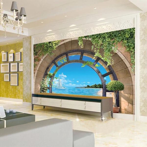 Custom European Style Balcon Playa Paisaje 3D Mural Sala de estar Sofá Sofá Teleccionamiento Papel pintado Impermeable
