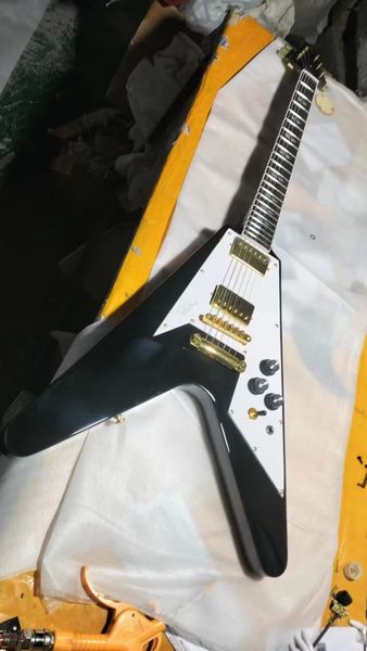 Custom Jimi Hendrix Flying V guitarra eléctrica negra Hardware dorado envío rápido