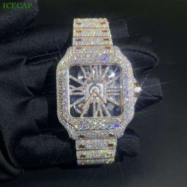 Bijoux de mode personnalisés luxe jaune Bling plein diamant montre Hip Hop glacé VVS Moissanite montres mécaniques