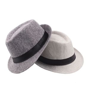 Custom Fedora linnen strand zon hoed met zwarte band nieuwe mode outdoor activiteiten mannen hoge hoed