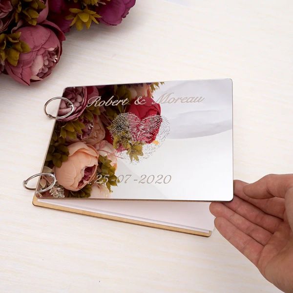 Libro de invitados de boda de huellas dactilares personalizadas parejas de despedida de soltera rústica regalo A5 espejo blanco en blanco favores de fiesta de álbumes de recortes