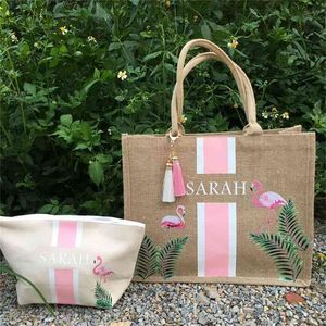 Custom Flamingo Tote Bag Bachelorette Gift Bag Jute Gepersonaliseerde Strand Tote Tropische Bruidsmeisje Gift Ideas Beach Tote Bags 210402