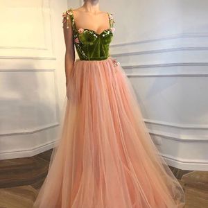 Aangepaste vloer lengte nieuwe prom feestjurk mouwloze applique formele jurk sweetheart spaghetti tule avondjurken
