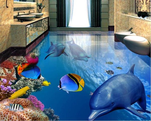 Planchers muraux personnalisés Fond d'écran tropical Dolphin sous-marin World 3D Bath salle de bain Chambre de salle de bain 3D Floor PVC PVC EMPHERPOR SEL9226595