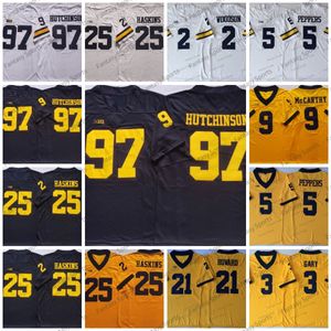 Aangepast voetbalshirt 9 JJ McCarthy Tom Brady Aidan Hutchinson 2 Blake Corum 8 Ronnie Bell 25 Junior Colson Jerseys Chris Evans Charles Woodson