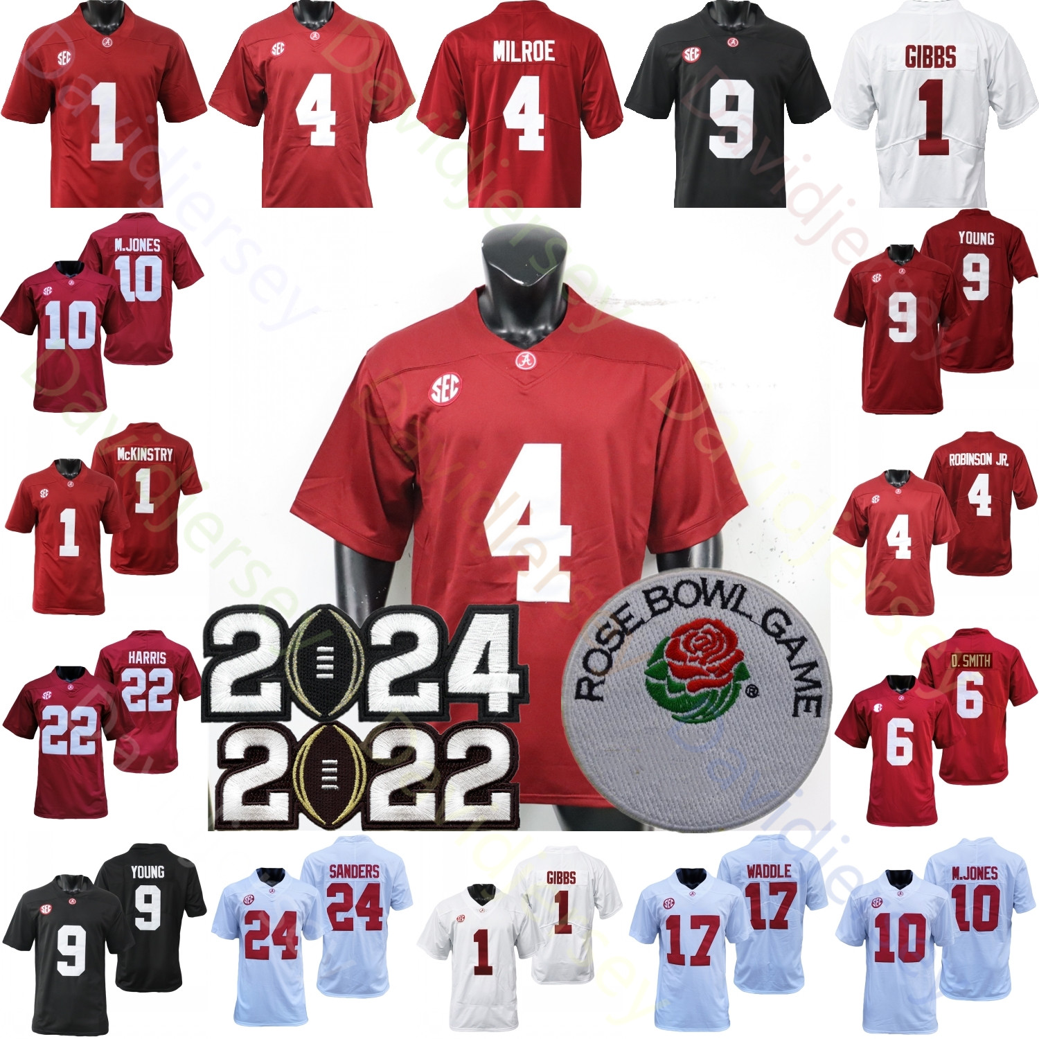 Maillot de football des séries éliminatoires Rose Bowl Alabama Crimson Tide 2024 NCAA College Jalen Milroe Ty Simpson Bryce Young McKinstry McClellan Burton Brooks Anderson Jr. Lawson