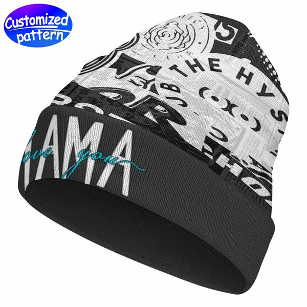 Gorro de punto con estampado completo personalizado Patrón HD Moda de primavera y otoño todo suave cómodo cálido clásico regalo básico buen poliéster 118g negro