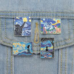 Aangepaste leuke sterrenhemelige katten email Pinnen Van Gogh Oil Painting Broches Badges Rapel Backpack Animal Art Sieraden Geschenken Groothandel