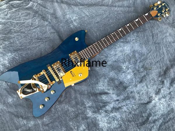 Custom G6199 Billy Bo Júpiter Dark Blue Thunderbird Guitarra eléctrica Cuerpo negro Encuadernación Bigs Tremolo Bridge Gold Sparkle Pickguard Miniatura Incrustación Hardware dorado