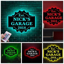 Personnalisé Garage néon veilleuse personnalisé nom date lampe en bois homme cave signe LED pour garage mur décorer 30 cm 220623