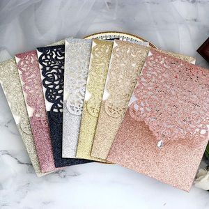 Aangepaste glitterpapier lasergesneden strass roos kaart zak wenskaarten met envelop set voor bruiloftsfeest decor