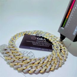 Chaîne à maillons cubains Miami plaquée or bicolore personnalisée 14 mm 2 rangées Vvs Moissanite Bracelet chaîne cubaine Pass Diamond Test Collier pour hommes Xwibr