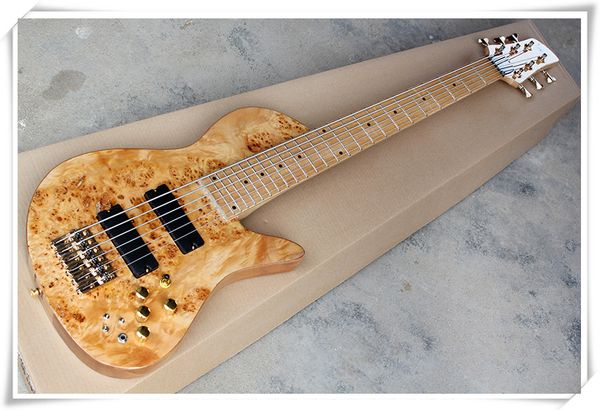 Matériel d'or sur mesure 6 cordes 24 frettes cou traversantes guitare basse électrique avec Black Micros, Maple Fingerboard, peut être personnalisé