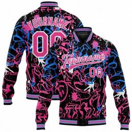 aangepaste Graffiti patroon roze-wit abstracte Grunge Art 3D bommenwerper Full-Snap Varsity Letterman jas 3D honkbal Butt jas N7Vz #