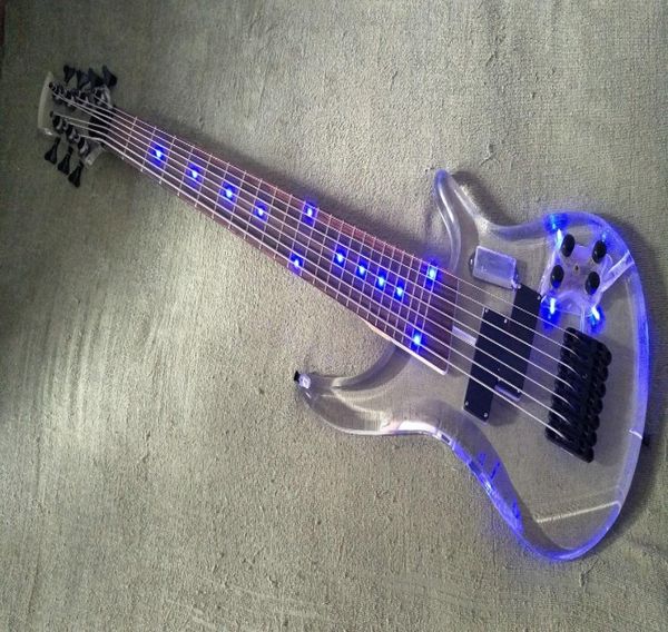 Custom Grand OEM 7 cuerdas Bajo Edición limitada Cuerpo acrílico transparente Diapasón de palisandro Incrustación Lámpara LED azul 4910121