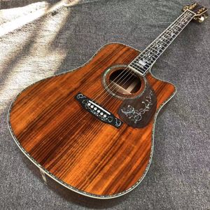 Guitarra personalizada, totalmente KOA, diapasón de ébano, encuadernación e incrustaciones de concha de abulón real, guitarra acústica recortada de alta calidad de 41 pulgadas,