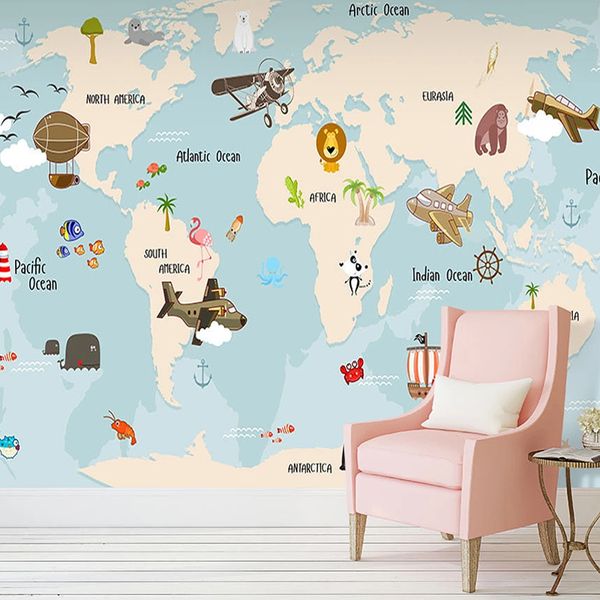 Mural de mapa del mundo pintado a mano personalizado, Animal de dibujos animados, velero, avión, papel tapiz con foto 3D para habitación de niños, imagen de decoración de pared del dormitorio