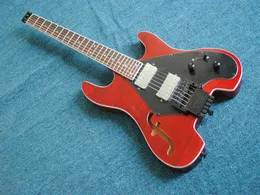 Custom Headless Electric Guitar, 6 Strings Drak Red Tiger Flame Top Elektrische gitaar met F Hole