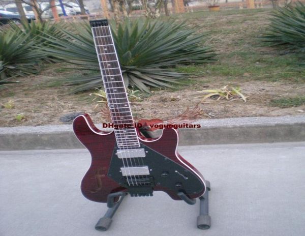 Guitarra eléctrica sin cabeza personalizada, 6 cuerdas, Drak Red Tiger flame, guitarra eléctrica superior con agujero F6500900