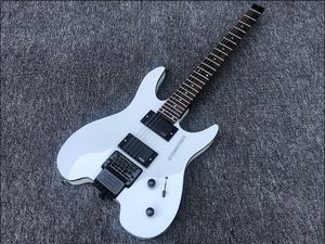 Custom White Headless Electric Gitaar Black Body Binding, China EMG Pickups 9V Battery Box, Tremolo Bridge