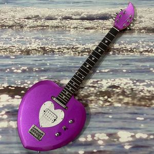 Guitare électrique personnalisée en métal violet en forme de cœur X340, taille 4/4, corps solide, niveau de performance professionnel, livraison rapide